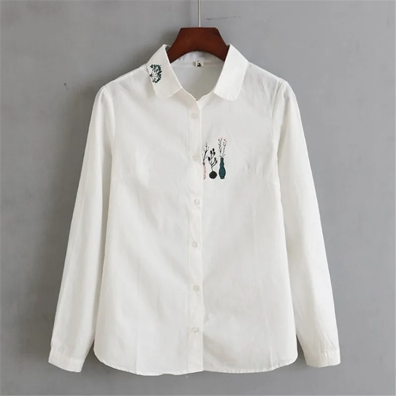 Женская Свободная блузка с цветочной вышивкой Офисная рубашка длинным рукавом