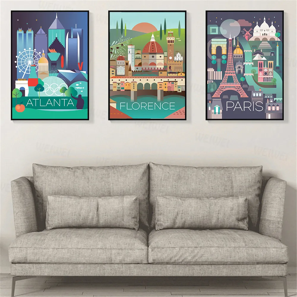 Картина на холсте Париж Лондон Атланта Флоренция мультфильм архитектура