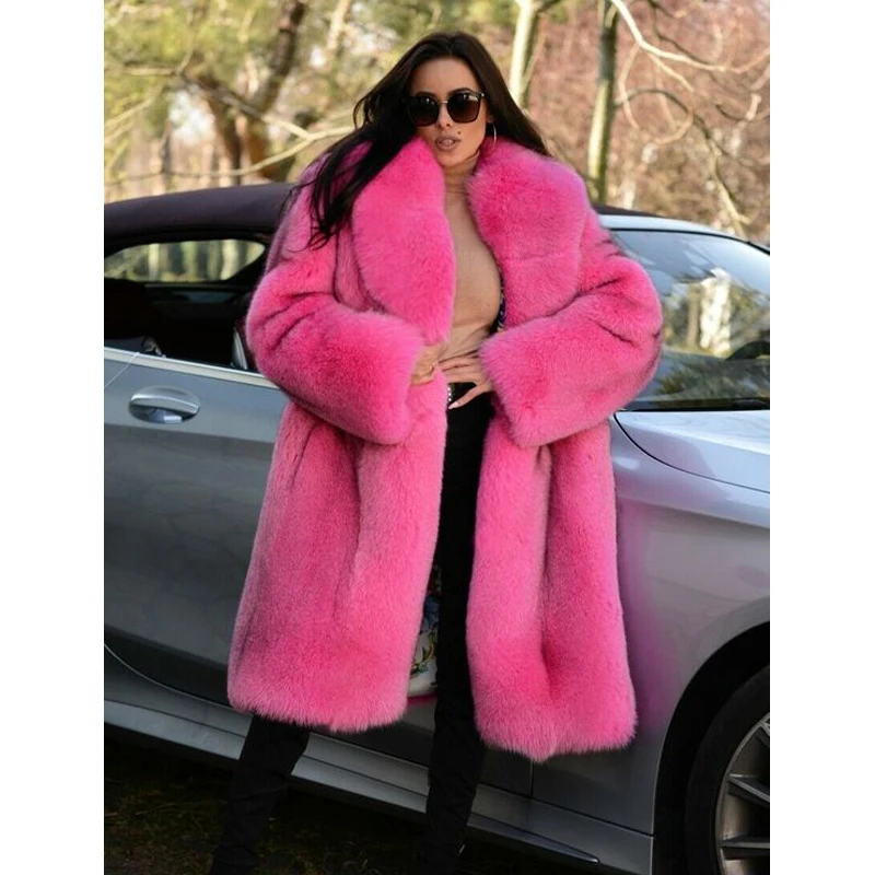

100cm Long Natural Fox Fur Coat with Big Turn-down Collar Thick Warm Fur Overcoats Luxury Winter Fashion Rose Red Fox Fur Coats