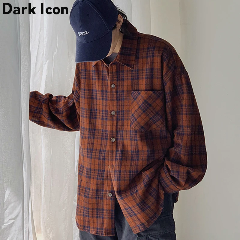Темная икона клетчатая рубашка мужская Осенняя уличная винтажная Мужская с