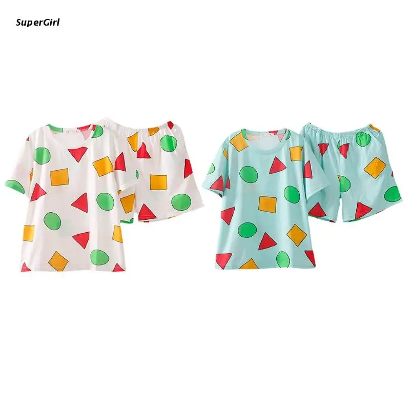 

J78E Women Summer 2pcs Pajamas Set Short Sleeve Crew Neck Pullover Sleepwear Colorful Geometry Pattern Loose Lounge Homewear