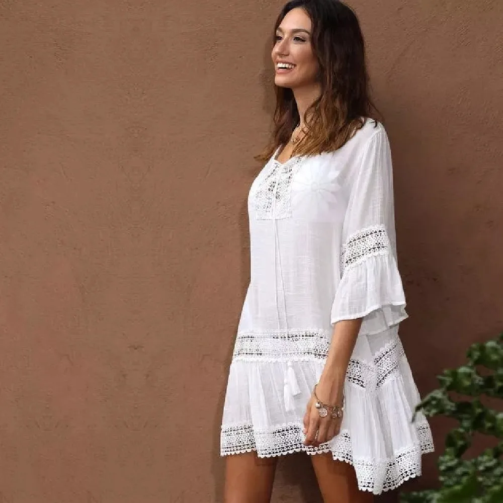 

Bamboo Cotton Summer Pareo Beach Cover Up Sexy Swimwear Women Swimsuit Cover Up Kaftan Beach Dress Tunic White Beachwear