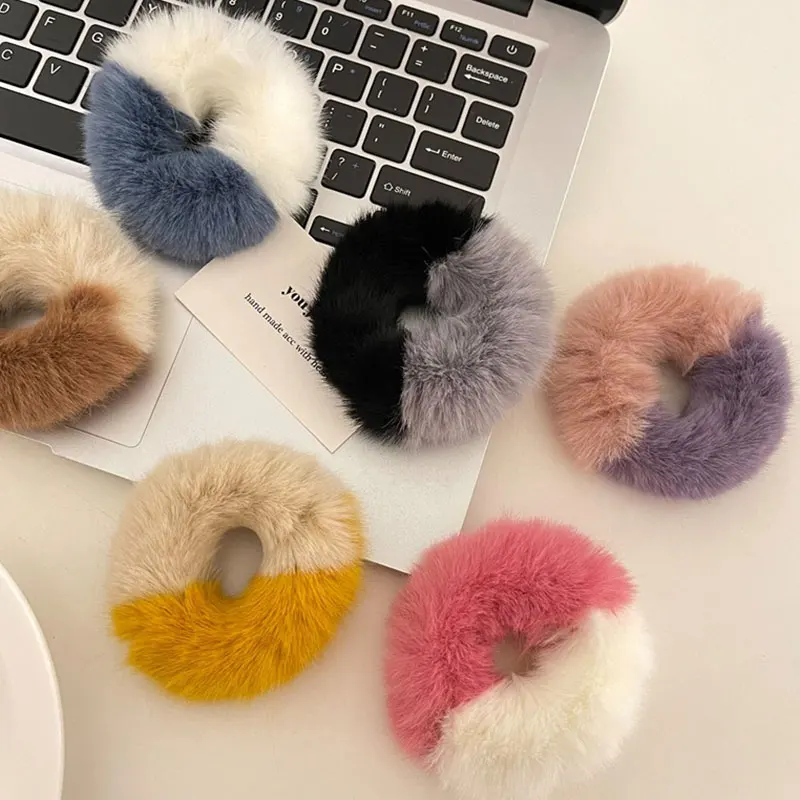 

Warm Soft Hair Scrunchies Women Girls Ponytail Holder Furry Elastic Hair Rubber Bands Contrasting Color Plush Hair Accessories