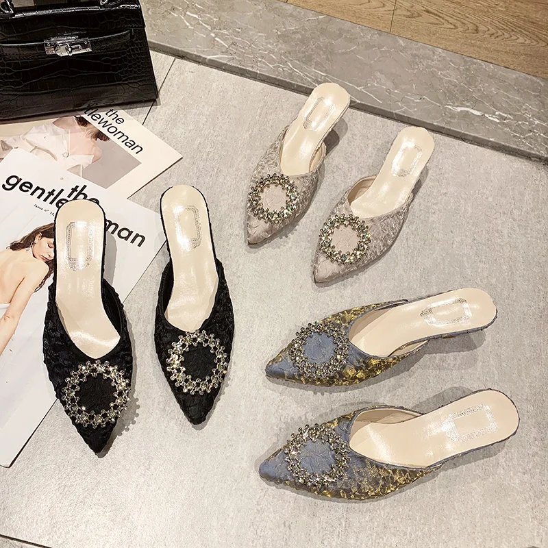 

Med High-Heeled Shoes Lady Slippers Casual Mules For Women 2021 Slides Pantofle Luxury Summer New Thin Girl PU Fashion Rubber