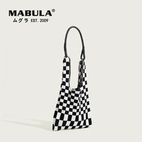 black white plaid knit women tote shopper handbag branded design cotton shoulder bag with removable strap casual lady purses