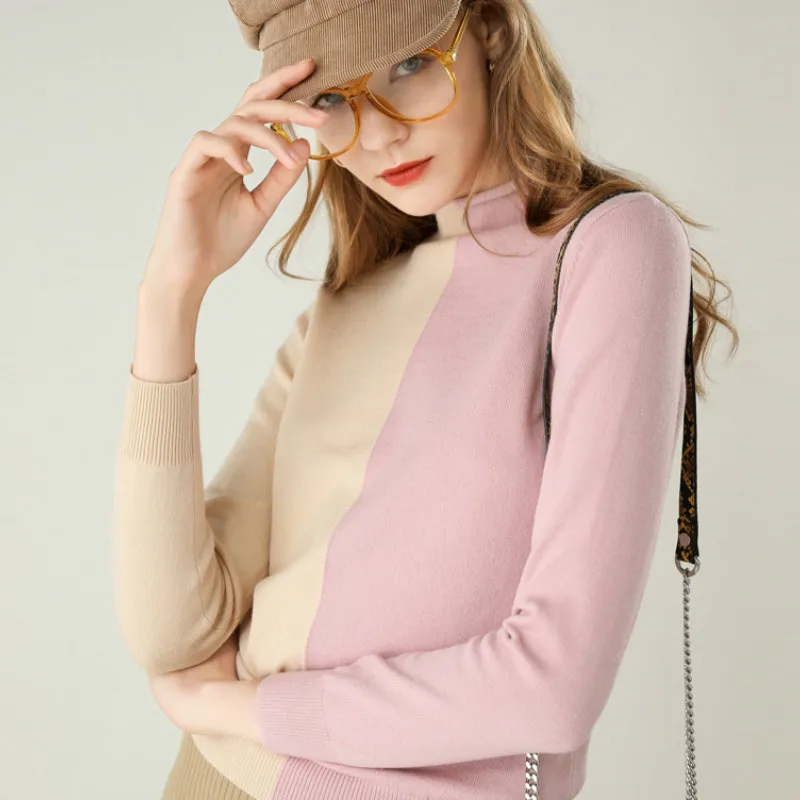 

Women's Cashmere New Style for Autumn and Winter Half-Collar Color Matching Pullover Slim Slimming Sweaters Base Shirt