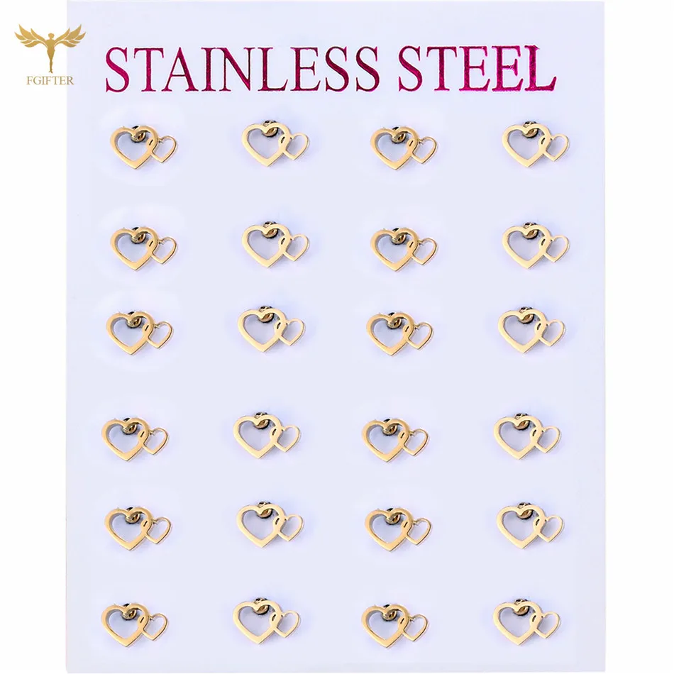 Золотые полые двойной любящее сердце мини серьги со шпилькой для девочек пирсинг