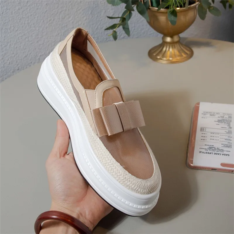 Женские Дышащие лоферы на прозрачной сетчатой платформе без застежек с бантом