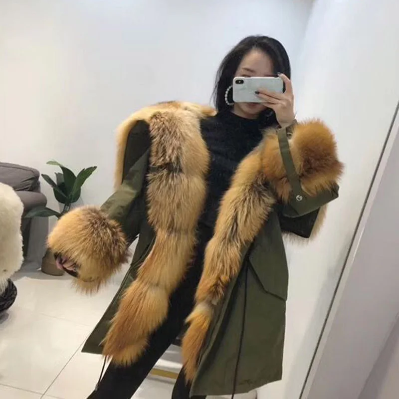 Red Fox Большая Меховая парка из натурального меха енота, толстая пушистая меховая верхняя одежда из натурального Лисьего меха, высокое качество, S7555 - Цвет: Red Fox