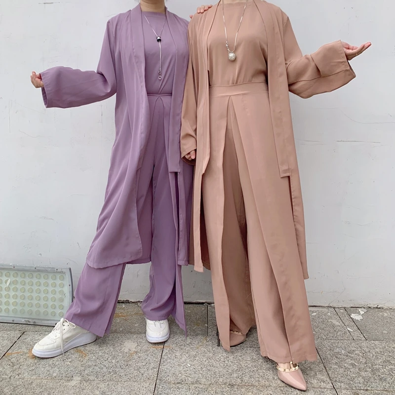 

Eid Plain Women Tops With Pants ArabicTurkish Women Clothing 3 Piece Matching Set Muslim Kimono Abaya DubaiModest Outfit