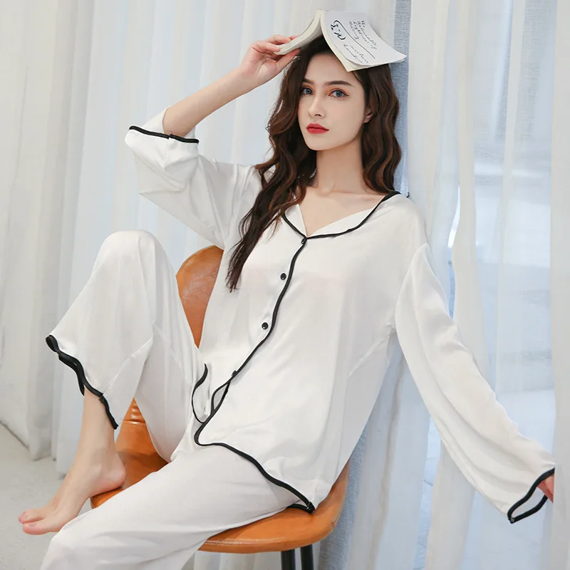 

Summer Famale Pajama Sets Sleepwear Solid Color Satin Silk Long Sleeve Pants For Women's Set Pyjamas Mujer Pijama Homewear