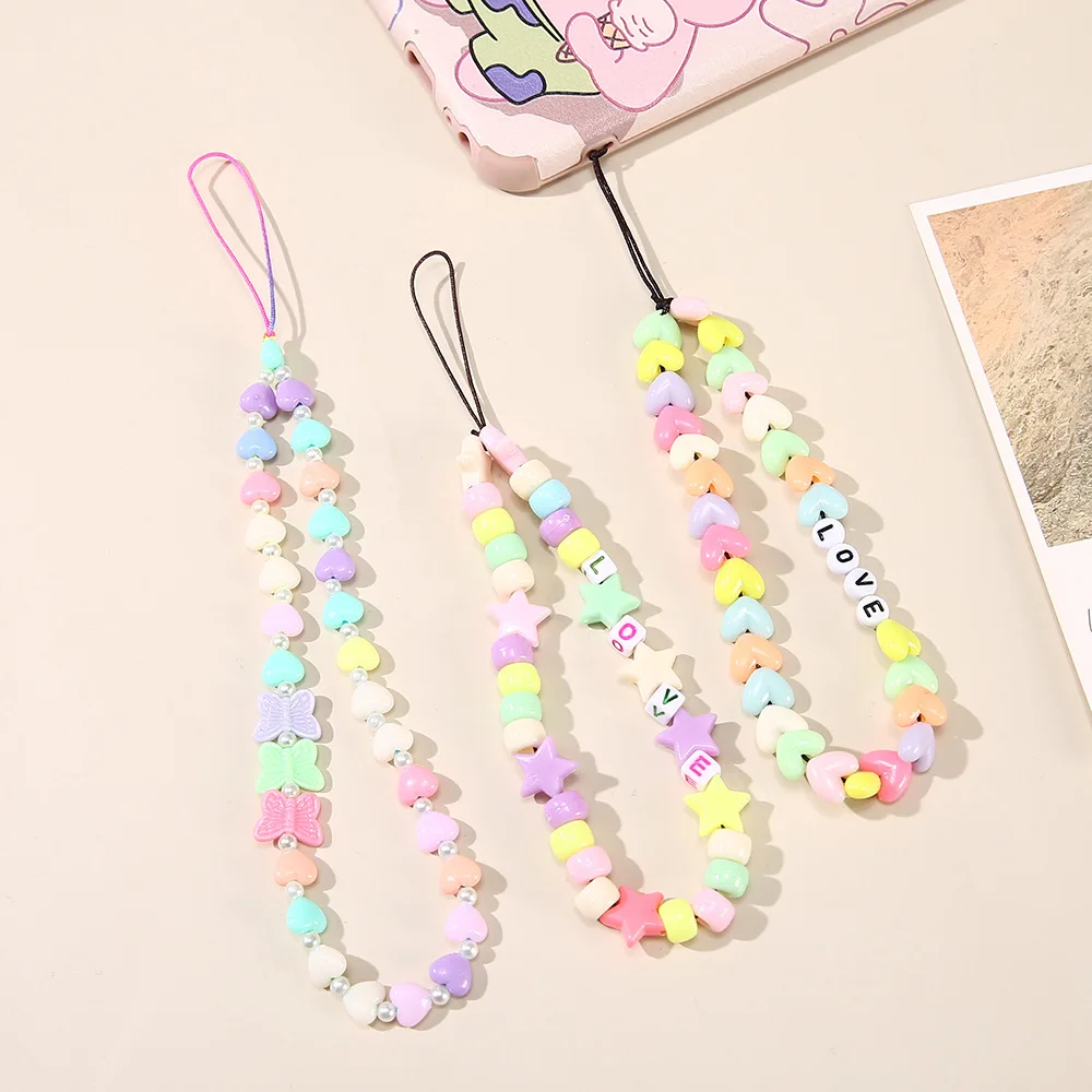 

Trendy Mixed Color Love Heart-Shaped Stars And Butterfly Letters Colorful Round Beads Mobile Phone Chain Women's Lanyard Jewelry