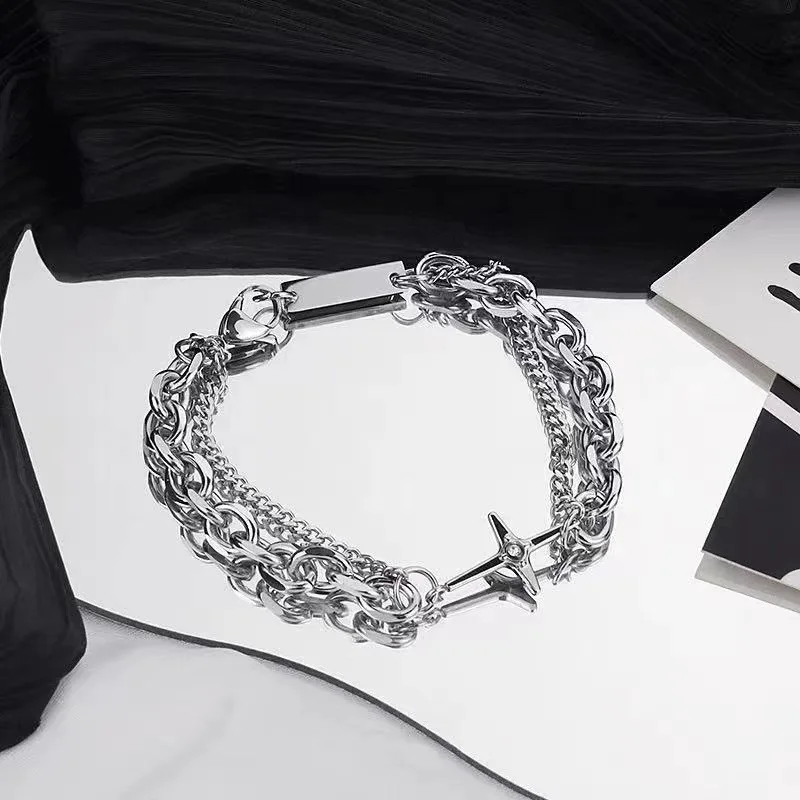 

Punk Titanium Steel Chain Double-layer Cross compass Men's Bracelet Jewelry Gift Fashion Hip Hop Couple Bracelets Accessories
