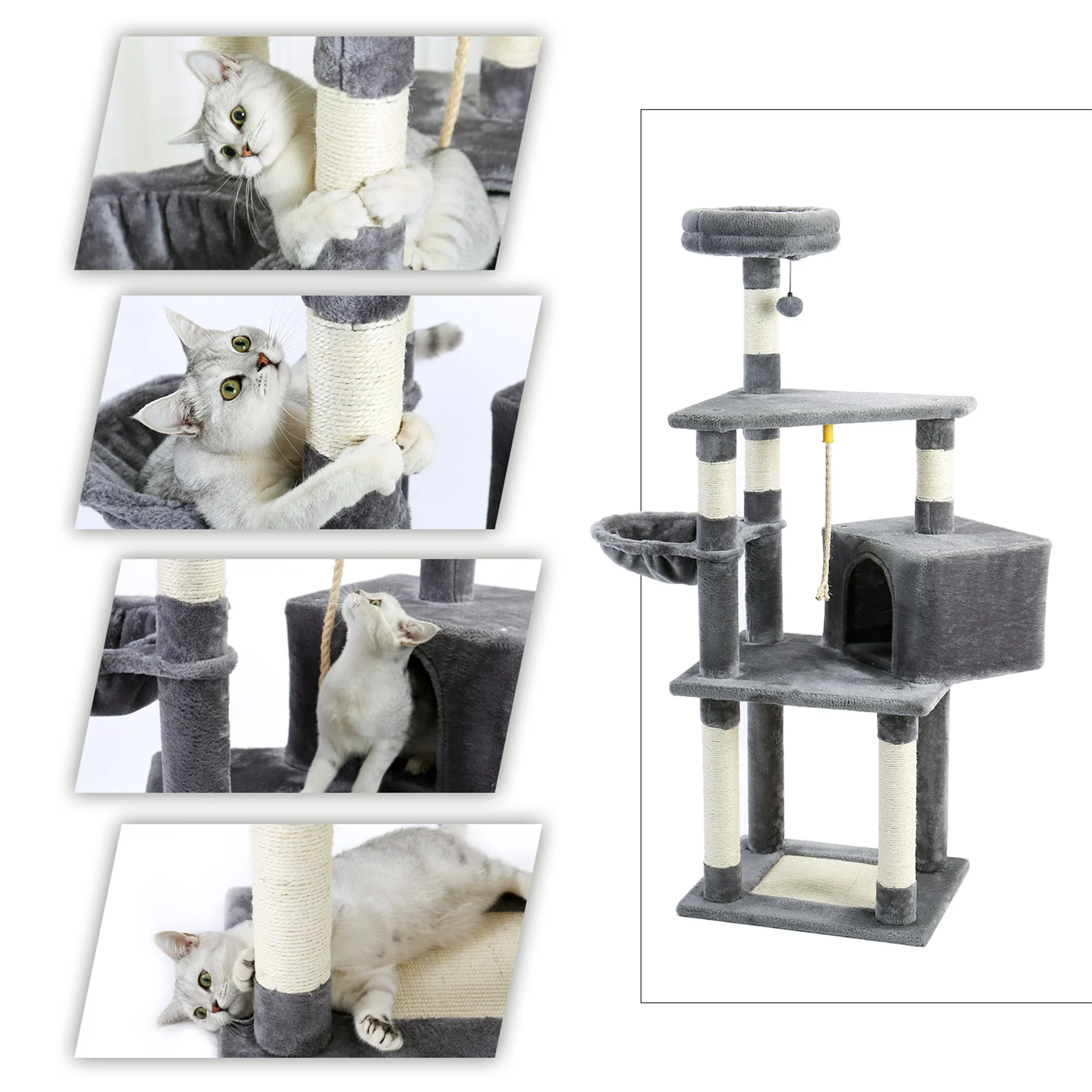 

53 Inches Cat Tree Cat Condo With An Large Scratching Pad Basket Supported By Two Posts