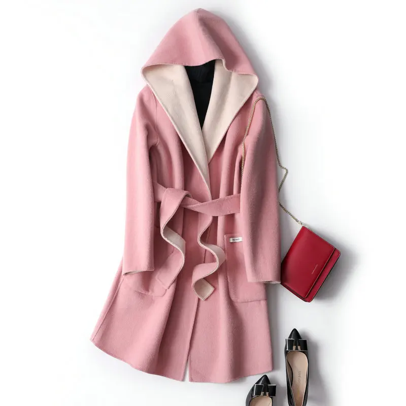 

hoodied wears double-sided cashmere coat women reversible wool coat Double-faced cashmere overcoat women double faced wool coat