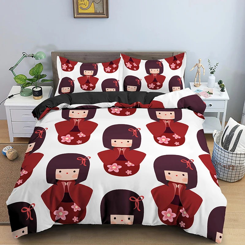 

Japanese Doll Cartoon Pattern Kids Girls Baby Print Bedding Set Soft Duvet Cover Pillowcase King Queen Twin Size Bedlines 2/3pcs