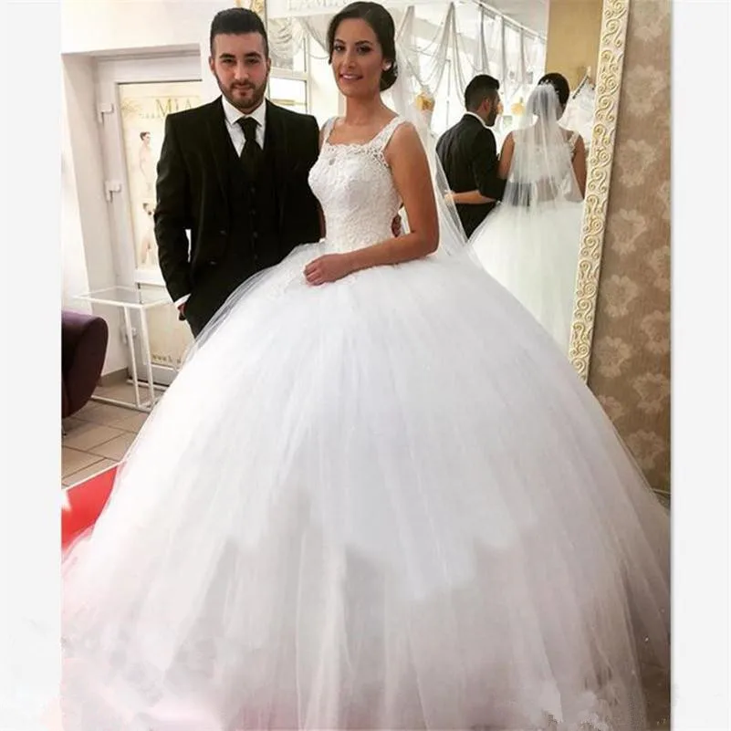 

Ball Gown Wedding Dresses square Lace Tulle Sleeveless Puffy Wedding Gowns Lace Up Bridal Dress vestido de noiva Custom Made