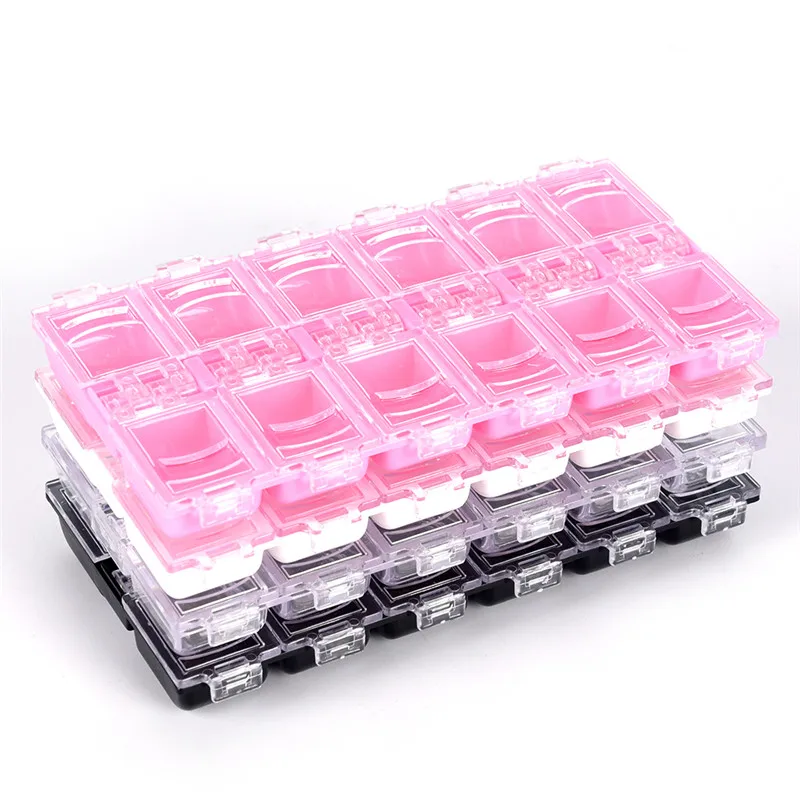 

12 Slots Plastic Home Storage Box Black White Clear Empty Container For Nail Art Gems Jewelry Decor Container Glitter Nail Tool