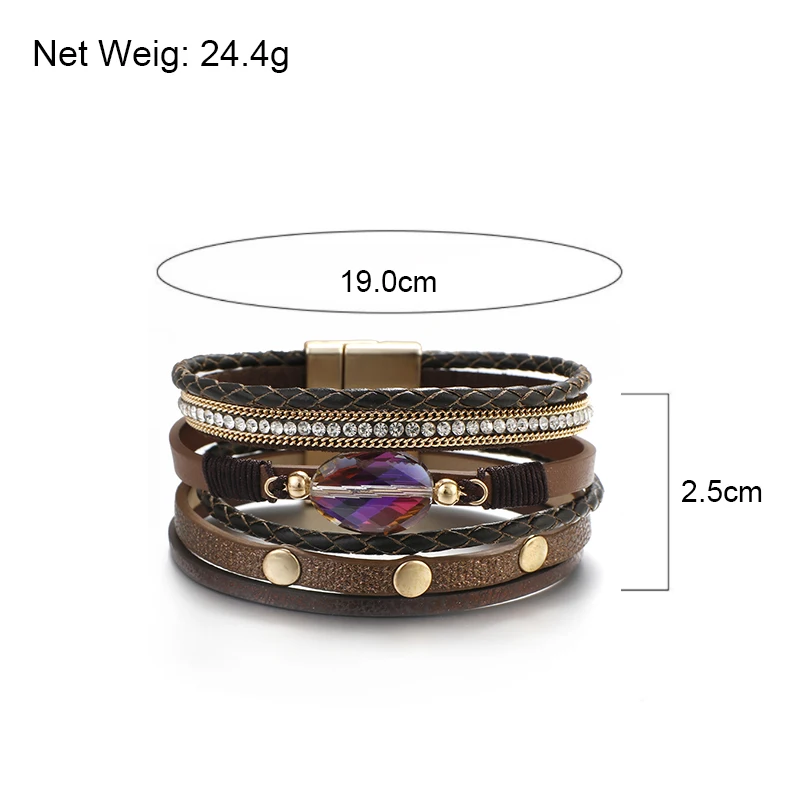 

ALLYES Crystal Charm Multilayer Leather Bracelet for Women Boho Braided Wrap Bracelets Rhinestone Rivet Statement Female Jewelry