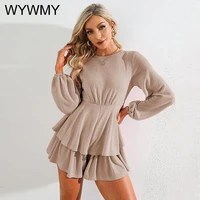 wywmy elegant layered ruffles women playsuits autumn casual solid lantern long sleeve backless bandage rompers female jumpsuits