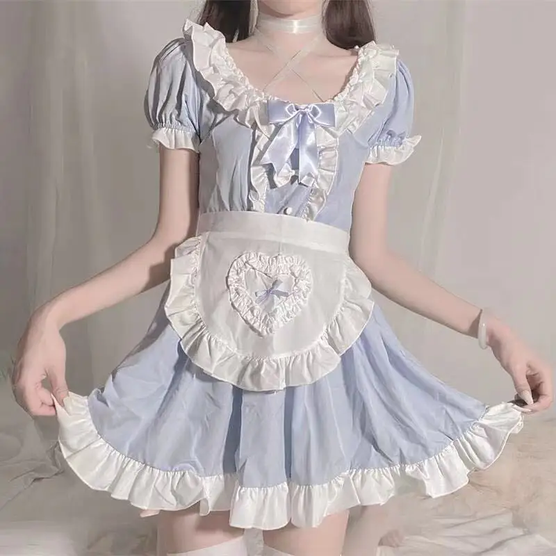 

Sweet Kawaii Women Maid Dress Lace Lolita Cosplay Costumes Bow Ruffles V Neck Tempatation Uniform Cute Lingerie Patchwork Apron