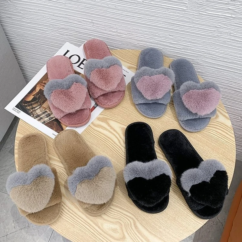 

Women Slippers Winter Home Shoes Women House Slippers Warm Love Heart Non-Slip Floor Home Furry Slippers Fashion Fur Slides