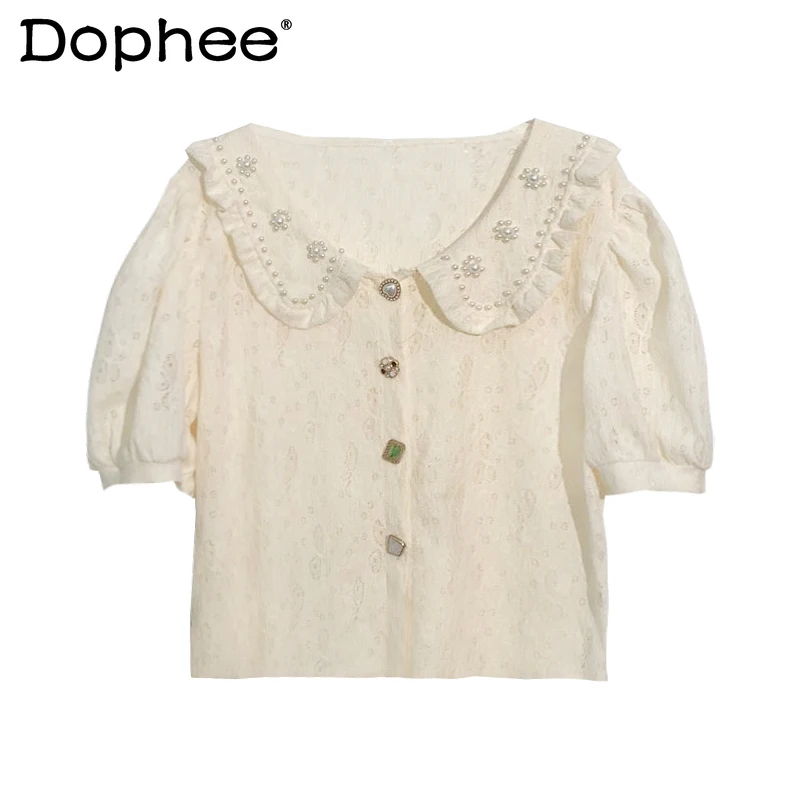 

French Style Sweet Puff Sleeve Top New Summer Fashion Blusas Doll Collar Short Sleeve Shirt Solid Color All-match Elegant Blouse
