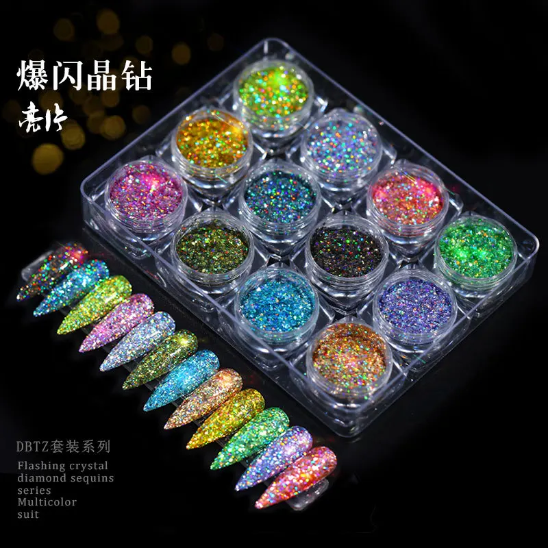 

12pcs Holographic Laser Chameleon Chrome Nail Glitter Powder Colorful Rainbow Magic Mirror Metallic Effect Acrylic Fine Glitter