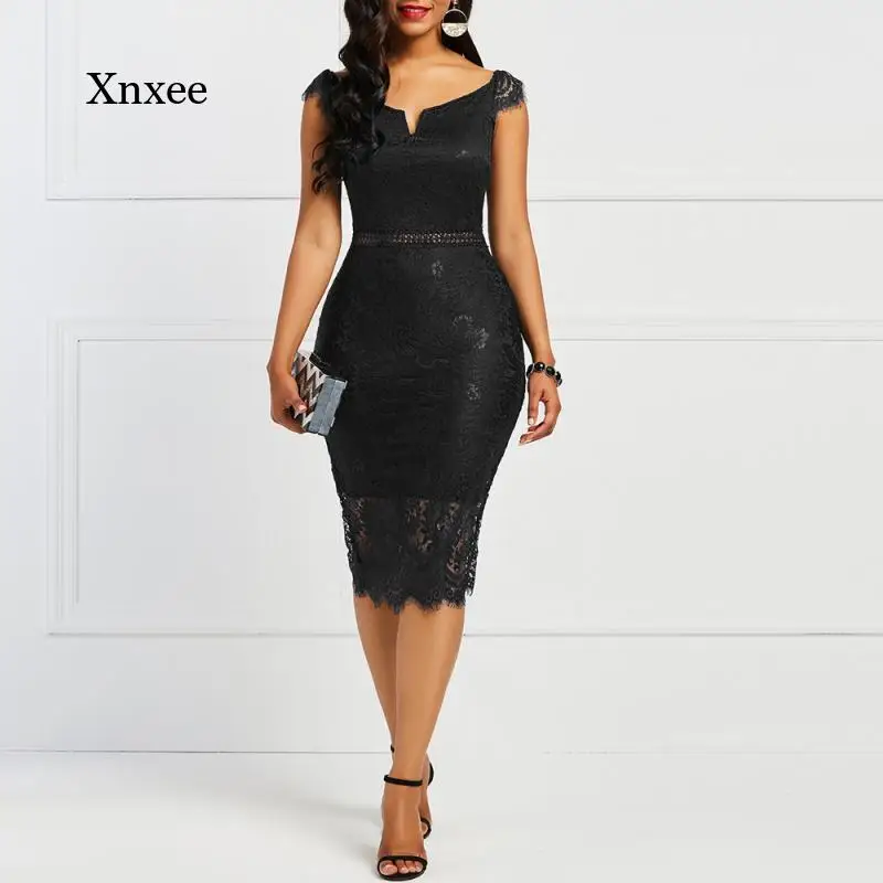 

2021 Summer Women's Elegant Sexy Lace Hollow Backless Tight Dress Casual Xl Slim Fit Solid Office Party Dress