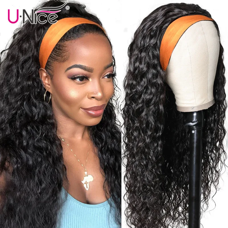 aliexpress - Unice hair 100% Human Hair Grip Headband Scarf Wig Water Wave Human Hair Wig No plucking wigs for Women No Glue No Sew In