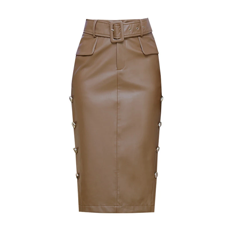

2019 Pu Leather Skirt Women New Fashion Soft Faux Leather Black/Khaki Skirt Elegant Button Autumn Pencil Skirt Female Clothing