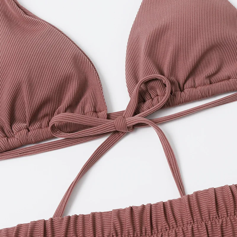 Комплект бикини женский однотонный с чашками пуш-ап и завышенной талией - купить