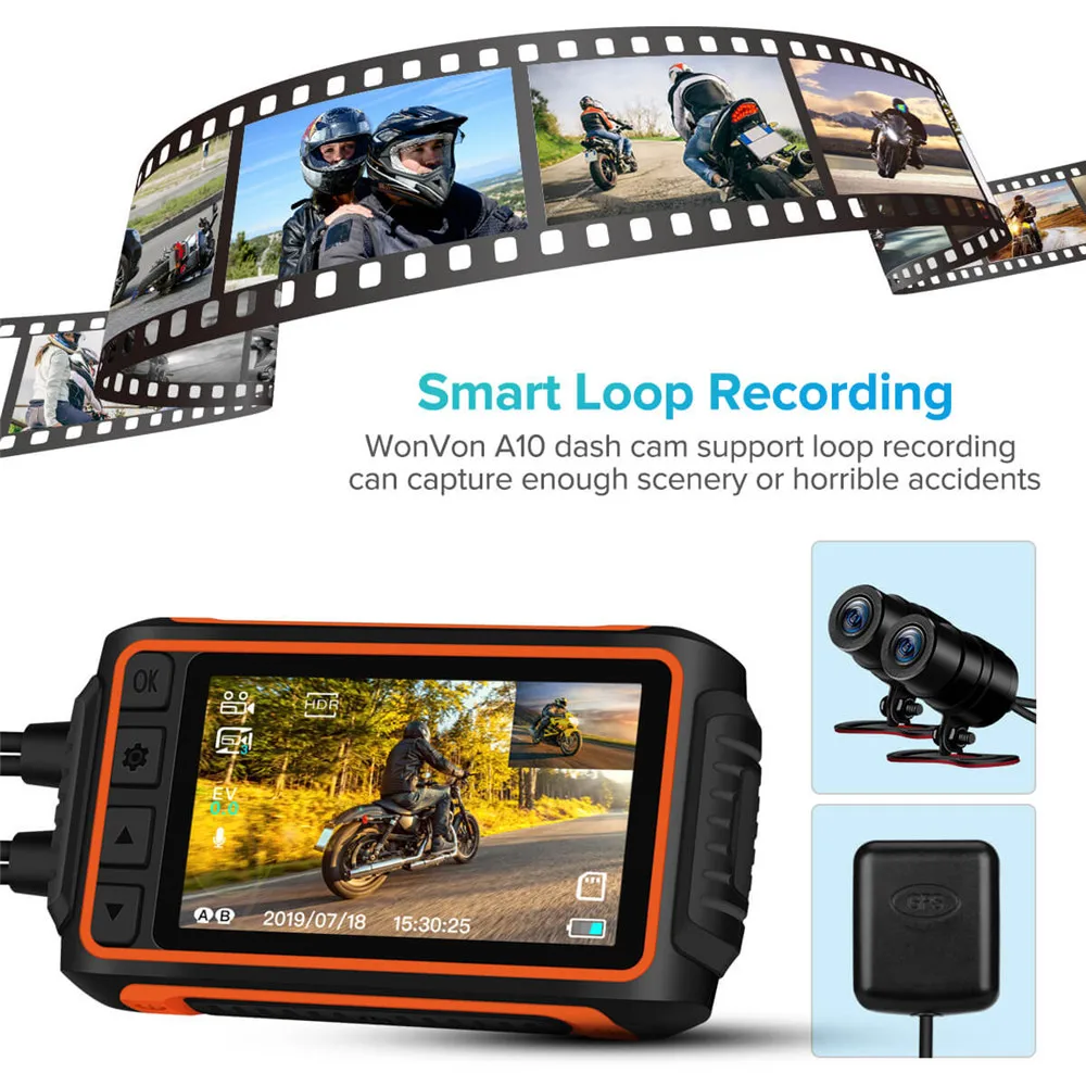 WonVon A10 мотоциклетный видеорегистратор с Wi Fi 1080P HD двойной объектив DIN ночное