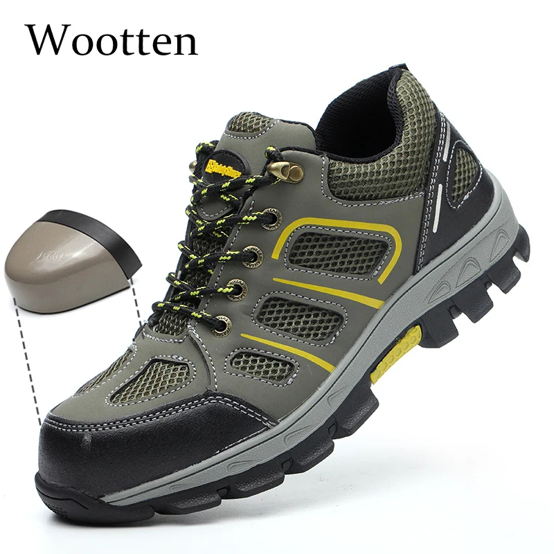 Мужская защитная обувь размера плюс кожаная стальная конструкция уличная