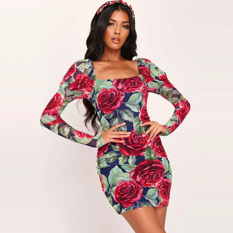 Сексуальное облегающее платье с цветочным рисунком модное клубное мини длинным