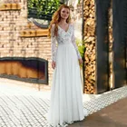 Женское кружевное свадебное платье с V-образным вырезом и длинным рукавом