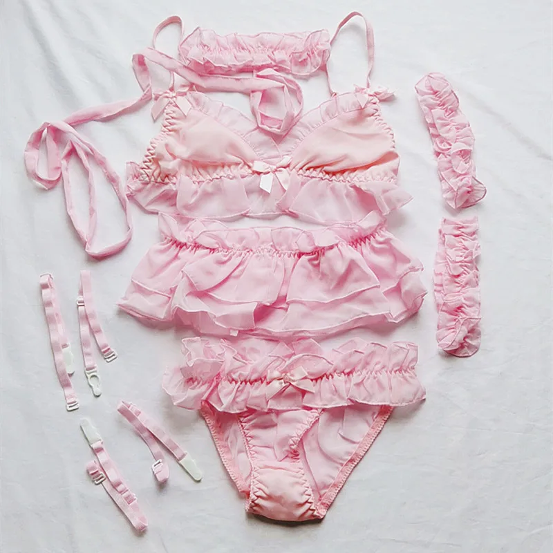 Японский Лолита милые оборки кружева Kawaii Babydoll сексуальное нижнее белье набор мягкая девушка черные пижамы костюмы для косплея