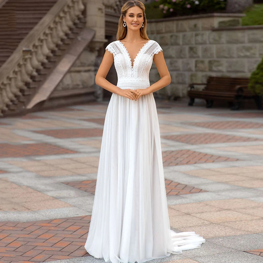 

Charming Cap Sleeve Wedding Dress A-Line V-Neck Short Sleeve Backless Lace Up Sweep Train Bridal Gowns 2021 Vestidos De Noivas