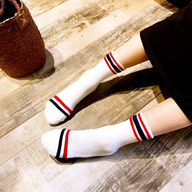 Woman Solid Cotton Socks Striped Cuff Girls Stripes White Sport Socks Warm Thick Winter Short Sock Ankle Socks 5 Pairs/ lot