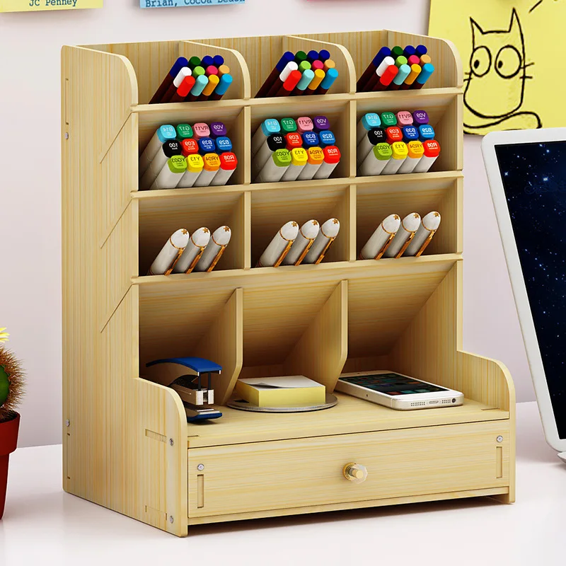 

Wooden Desk Organizer Multi-Functional DIY Pen Holder Box Desktop Stationary Home Office Supply Desktop Storage Rack