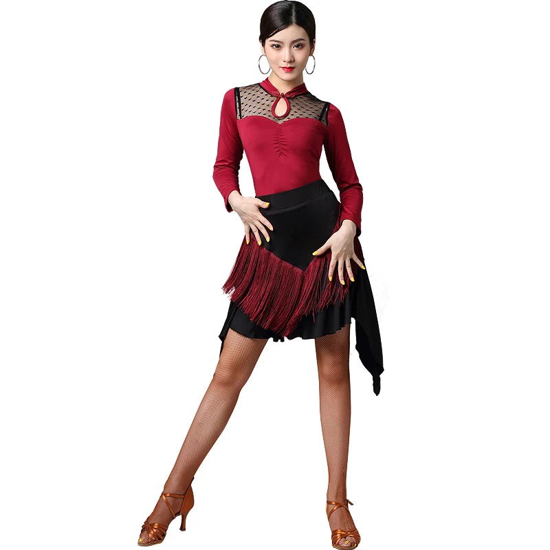

2020 Latin Dance Practice Clothing Female Long Sleeve Cheongsam Mesh Tops Fringe Skirt Ladies Rumba Tango Samba Dancing Wear