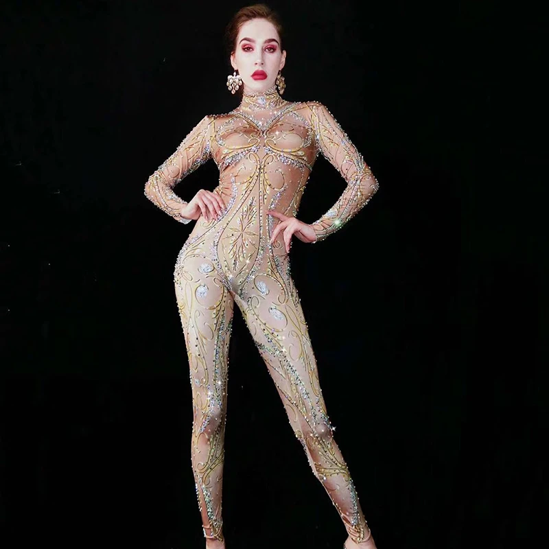 Стразы сексуальный сценический костюм с принтом тянущийся длинный комбинезон Gogo