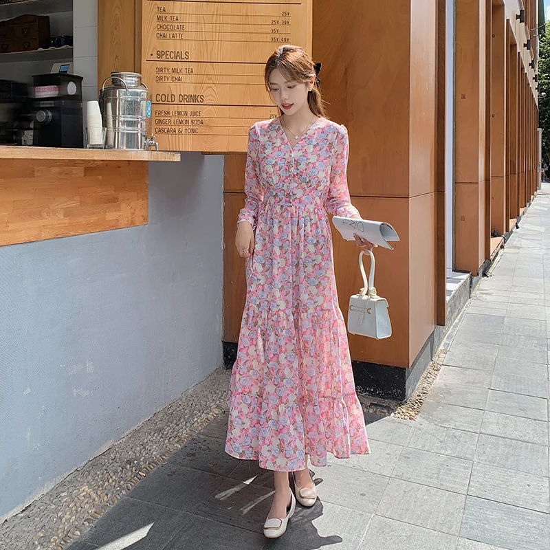 

Chiffon Dress Maxi Dresses for Women Summer 2022 Womens Dresses Cottagecore Spring Floral Long Sleeve Pink Dress Women 9502#