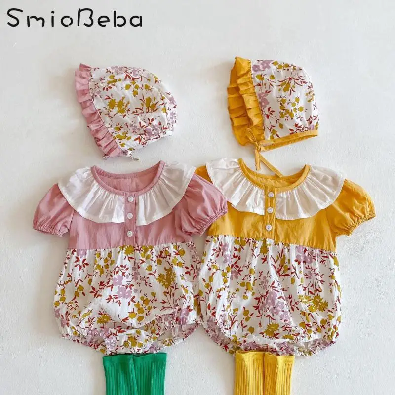 

Summer Baby Girl Pastoral Rompers With Hats Lotus Leaf Collar Bubble Sleeve Broken Flower Hatsuit One Piece Climbing Jumpsuits
