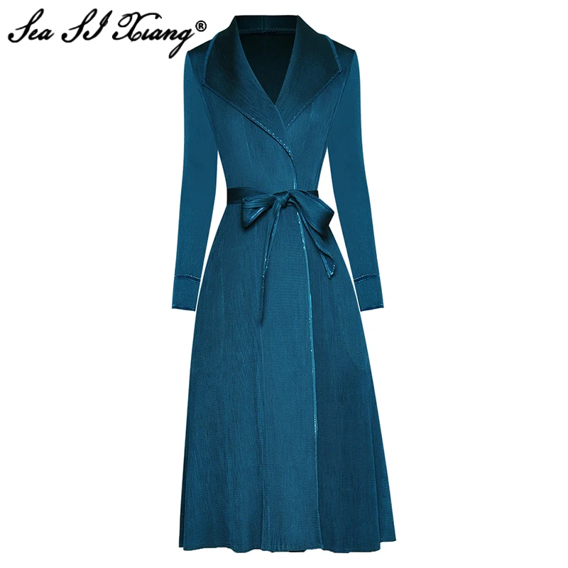 

Seasixiang Fashion Designer Autumn Dress Women Turn-down Collar Long Sleeve Folds Lace Up Dresses