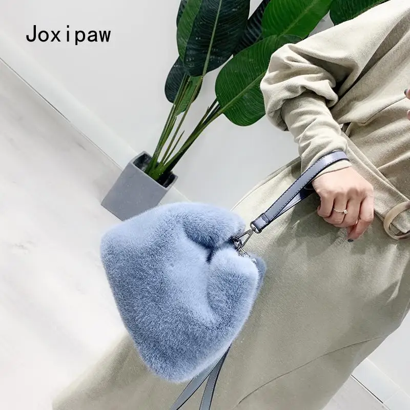 

Winter Faux Mink Plush Ladies One-Shoulder Bucket Bag Luxury Designer Handbag Female Messenger Bag Clutch