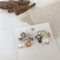 korean luxury fashion geometric square cubes crystal stud earrings for women elegant pearl ball boucle doreille jewelry