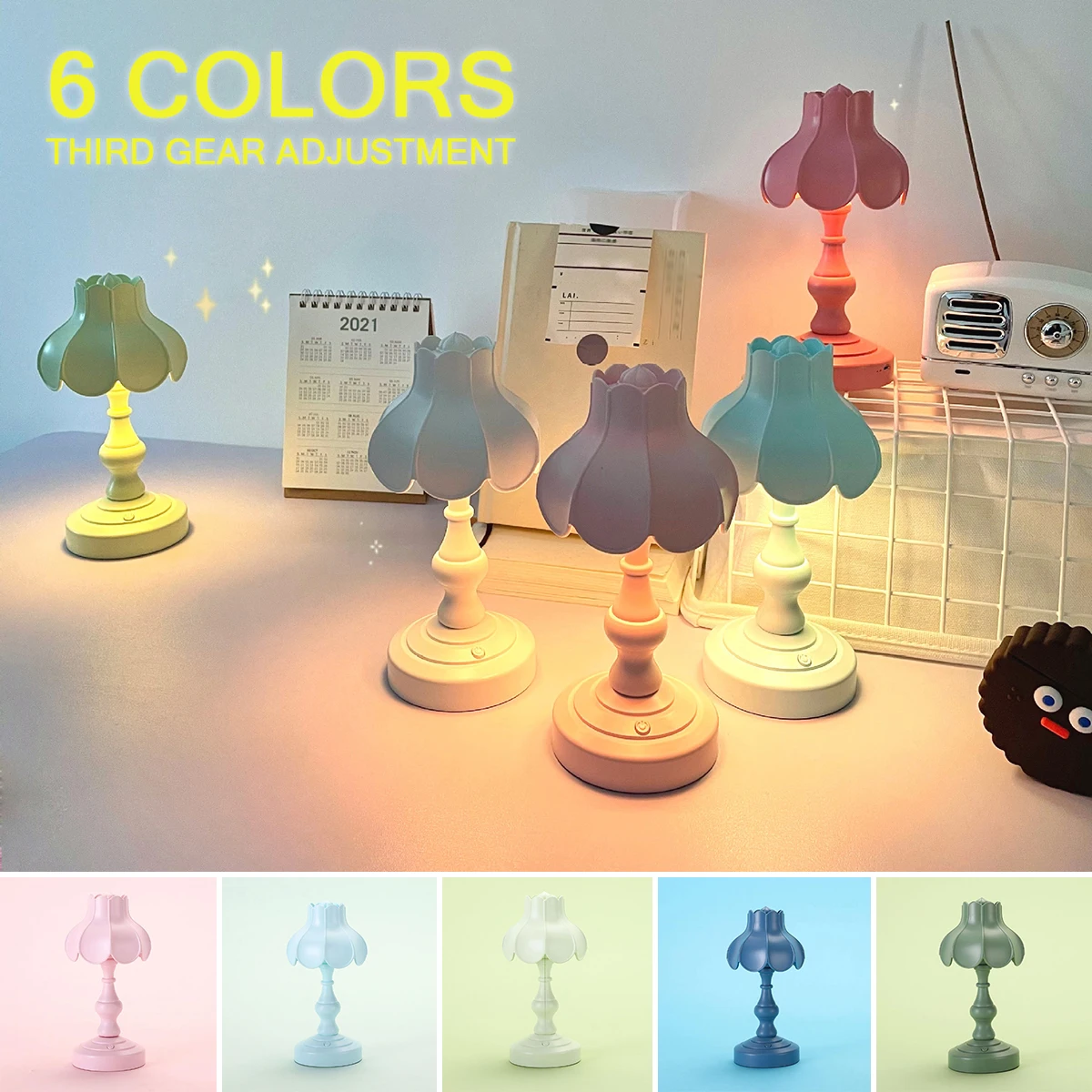 

Table Lamp USB Rechargeable LED Night Light for Bedroom Eye-protection Lotus Shape Desk Light Retro Desk Lamp Photo Props