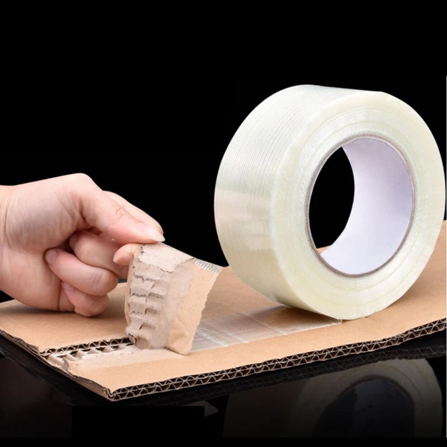 

50M Strong Glass Fiber Tape Transparent Striped Single Side Adhesive Fiberglass Tape Industrial Strapping Packaging Fixed Seal