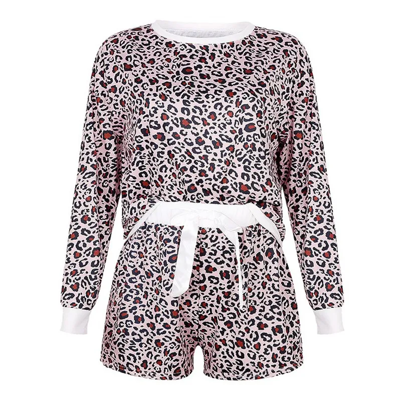 

Long-sleeved Leopard Two Piece Set Women Casual Round Neck Pullover Top Bandage Shorts Home Clothes Suit